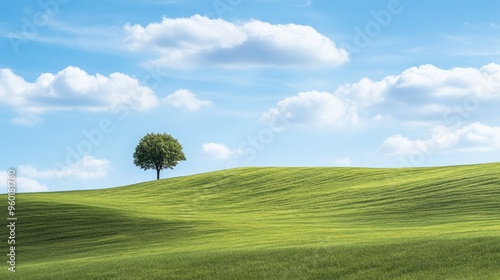 A serene landscape of rolling green hills under a bright blue sky, with a single tree standing tall in the distance.