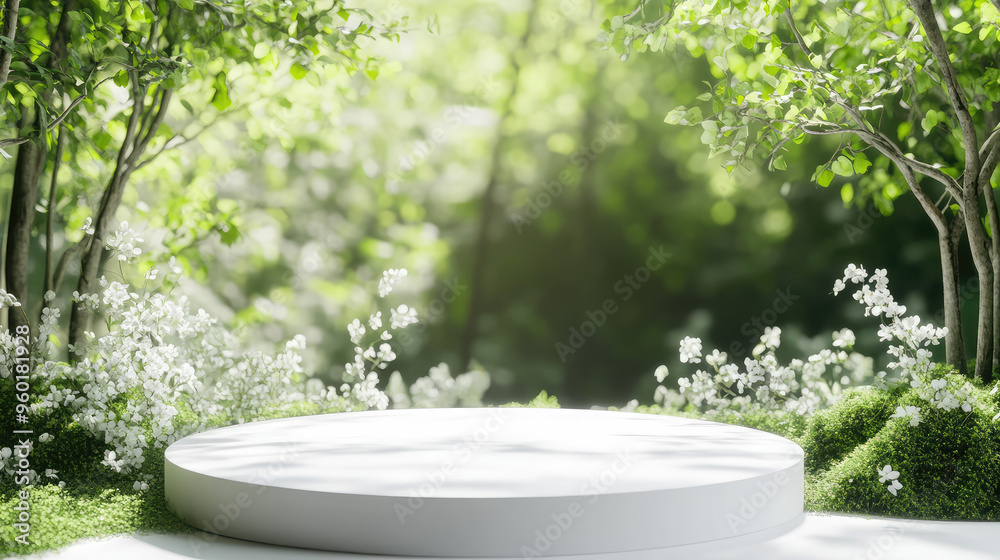 A contemporary white podium placed on a clean abstract surface, with a green forest in the distance. A contemporary white podium placed on a clean abstract surface, with a green forest in the distance.