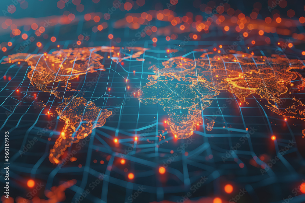 Glowing lines forming world map data points pulsing representing global market connections. Glowing lines forming world map data points pulsing representing global market connections.