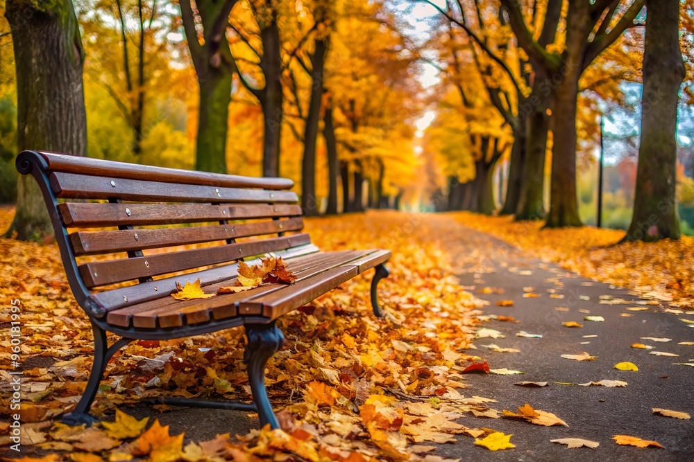Wooden Bench with Fall Leaves on a Pathway Wooden Bench with Fall Leaves on a Pathway