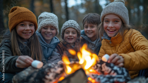 Closeup of a school kids elementary age gathered around a campfire roasting marshmallows while camping in the Autumn time among forest