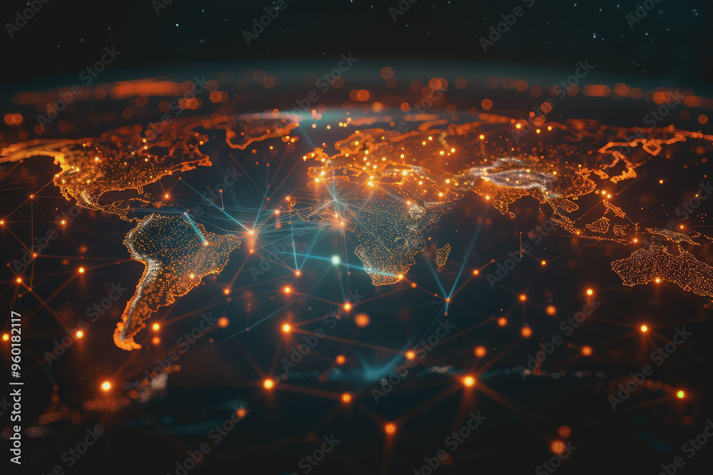 Obraz premium Glowing lines forming world map data points pulsing representing global market connections.