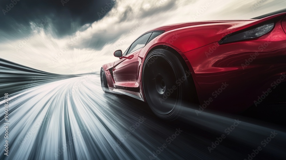 Red sports car speeding down a highway, the sleek curves and vibrant color capturing a sense of adrenaline and luxury. Red sports car speeding down a highway, the sleek curves and vibrant color capturing a sense of adrenaline and luxury.