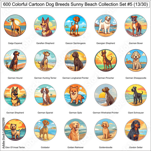 Colorful Dog Breeds Cartoon Characters Sunny Beach Bundle Collection Set 5 of 600 Dog Faces Isolated Part 13