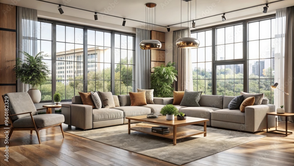 Fototapeta premium Modern living room interior with stylish furniture, neutral color palette, and large windows letting in natural light