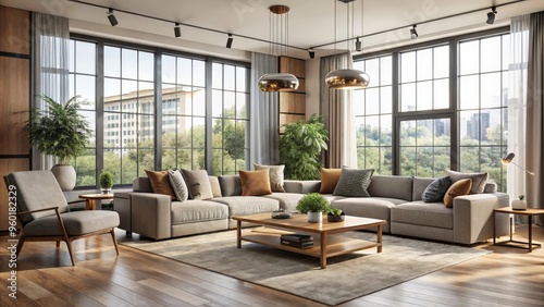 Modern living room interior with stylish furniture, neutral color palette, and large windows letting in natural light