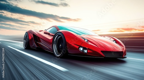 Red sports car speeding down a highway, the sleek curves and vibrant color capturing a sense of adrenaline and luxury.