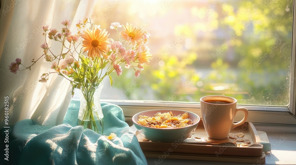 custom made wallpaper toronto digitalA sunny morning scene with a breakfast tray holding a bowl of cereal, a cup of coffee, and a vase of fresh flowers.