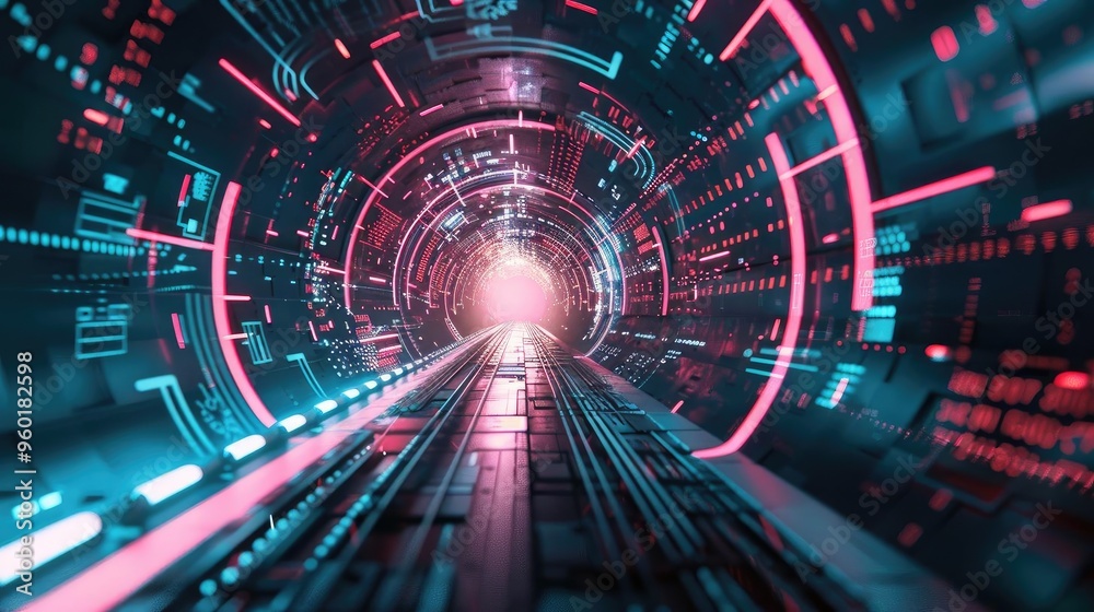 A vibrant digital tunnel with glowing lights and intricate patterns, creating a sense of depth and futuristic motion. A vibrant digital tunnel with glowing lights and intricate patterns, creating a sense of depth and futuristic motion.
