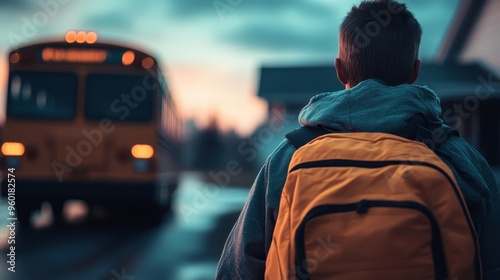 A lone figure waits for a school bus at dawn, showcasing the quiet and contemplative moments of early morning routines. The scene captures a sense of solitude and readiness.