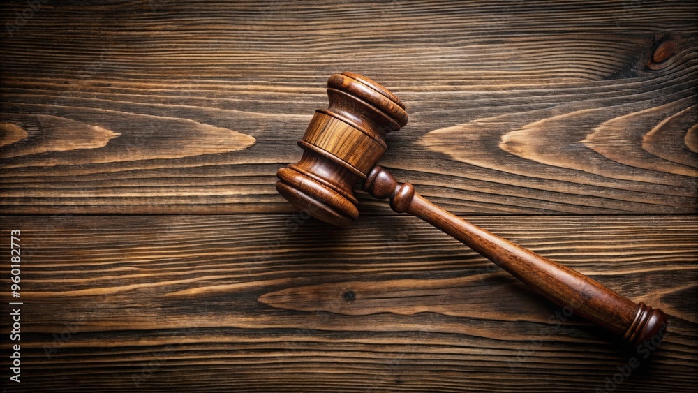 Wooden gavel resting on a textured dark wood surface Wooden gavel resting on a textured dark wood surface