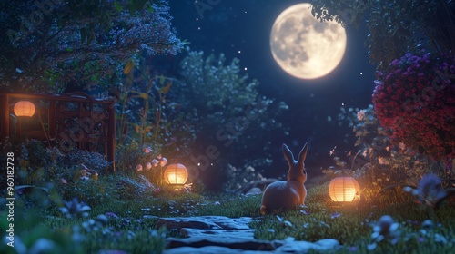 Serene Moonlit Garden with Rabbit and Lanterns