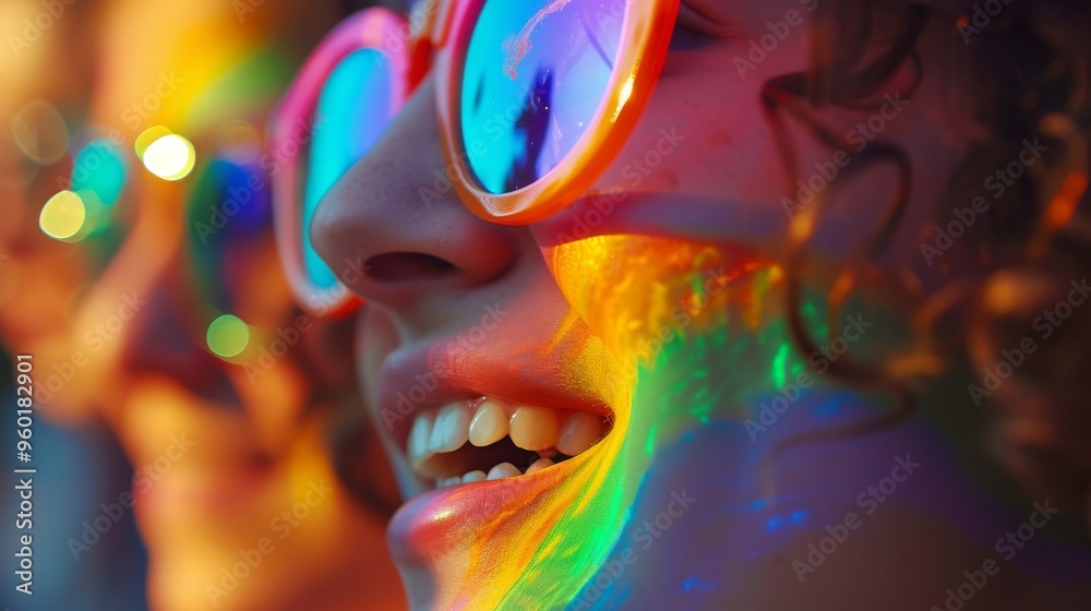 Close-up of joyful women wearing rainbow sunglasses at a colorful festival. Faces painted with bright hues reflect the lively and fun atmosphere, capturing the essence of celebration and friendship. Close-up of joyful women wearing rainbow sunglasses at a colorful festival. Faces painted with bright hues reflect the lively and fun atmosphere, capturing the essence of celebration and friendship.