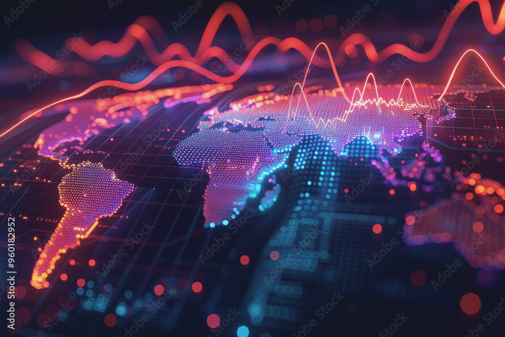 Glowing lines forming world map data points pulsing representing global market connections. Glowing lines forming world map data points pulsing representing global market connections.