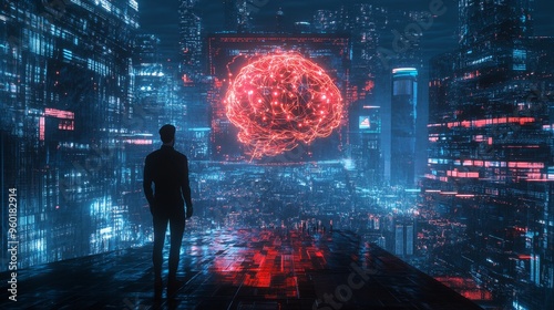 Futuristic society where humans and technology coexist, glowing neural networks, digital interfaces, cybernetic enhancements, seamless connectivity, vibrant cityscape, sleek design photo