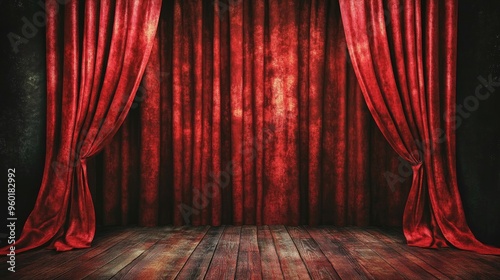 Red velvet curtains parting on a theater stage, ready to reveal the performance, evoking drama and anticipation.