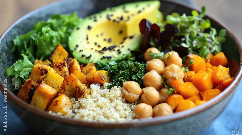 A vibrant bowl of Buddha bowl ingredients, including chickpeas, avocado, quinoa, roasted vegetables, and a variety of greens. A vibrant bowl of Buddha bowl ingredients, including chickpeas, avocado, quinoa, roasted vegetables, and a variety of greens.