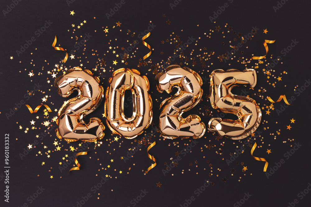 2025 New Year concept. Golden foil balloons, ribbons and confetti on a black background. 2025 New Year concept. Golden foil balloons, ribbons and confetti on a black background.