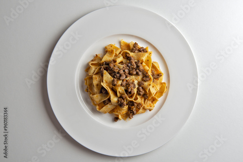 Plate with pappardelle with wild boar ragout sauce