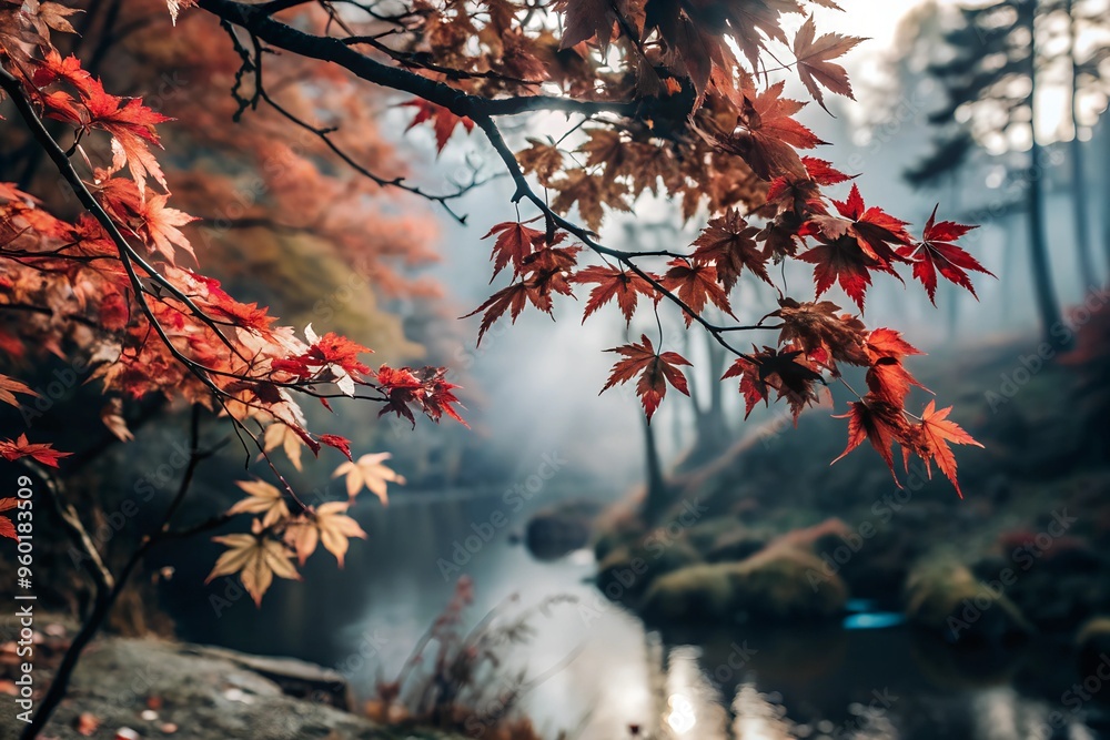 Red Leaves in the Corner with Misty Trees Beyond Red Leaves in the Corner with Misty Trees Beyond