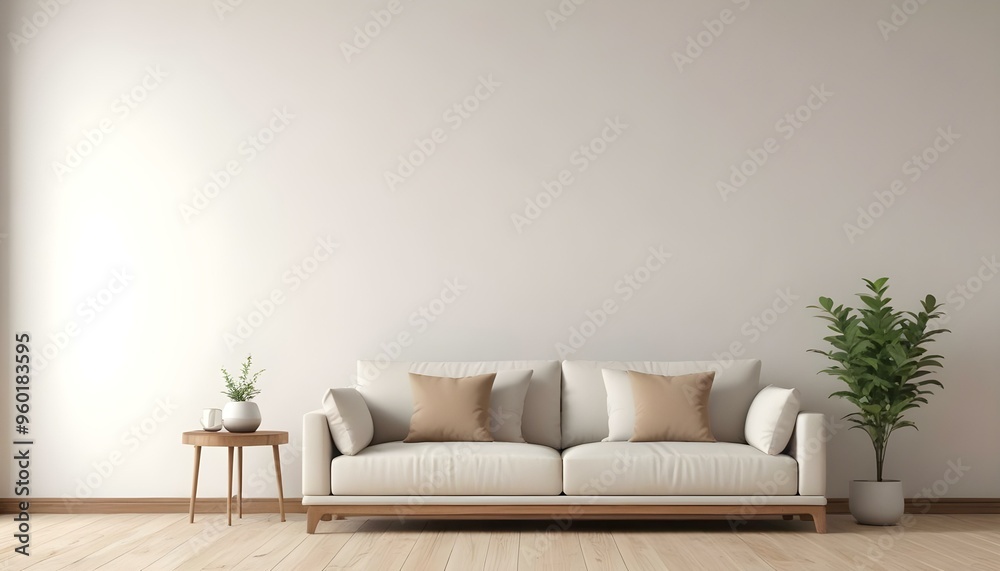 A modern living room with a beige sofa, white throw pillows, and a wooden coffee table. The room has a minimalist and cozy atmosphere. A modern living room with a beige sofa, white throw pillows, and a wooden coffee table. The room has a minimalist and cozy atmosphere.