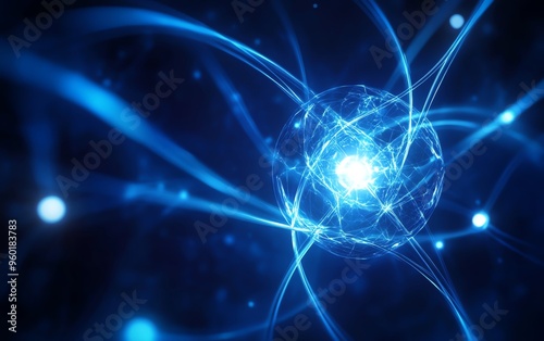 A vibrant, abstract representation of atomic energy with glowing particles and blue light trails, perfect for science and technology themes.