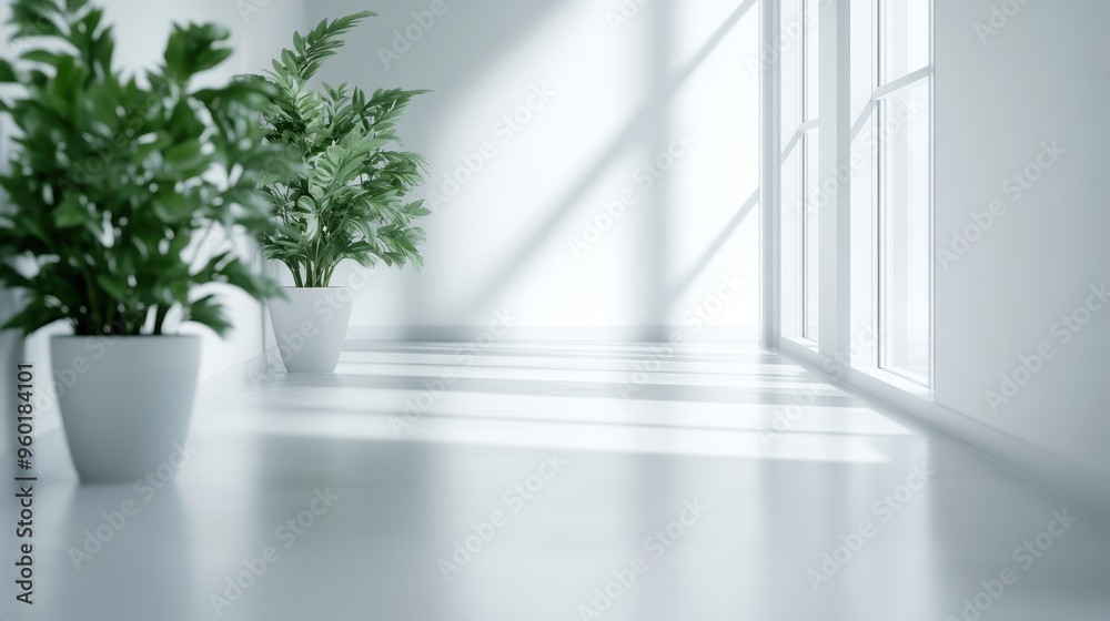A sunlit room with two lush potted plants near large windows, conveying a sense of peace, simplicity, and natural beauty within a modern, minimalist interior space. A sunlit room with two lush potted plants near large windows, conveying a sense of peace, simplicity, and natural beauty within a modern, minimalist interior space.