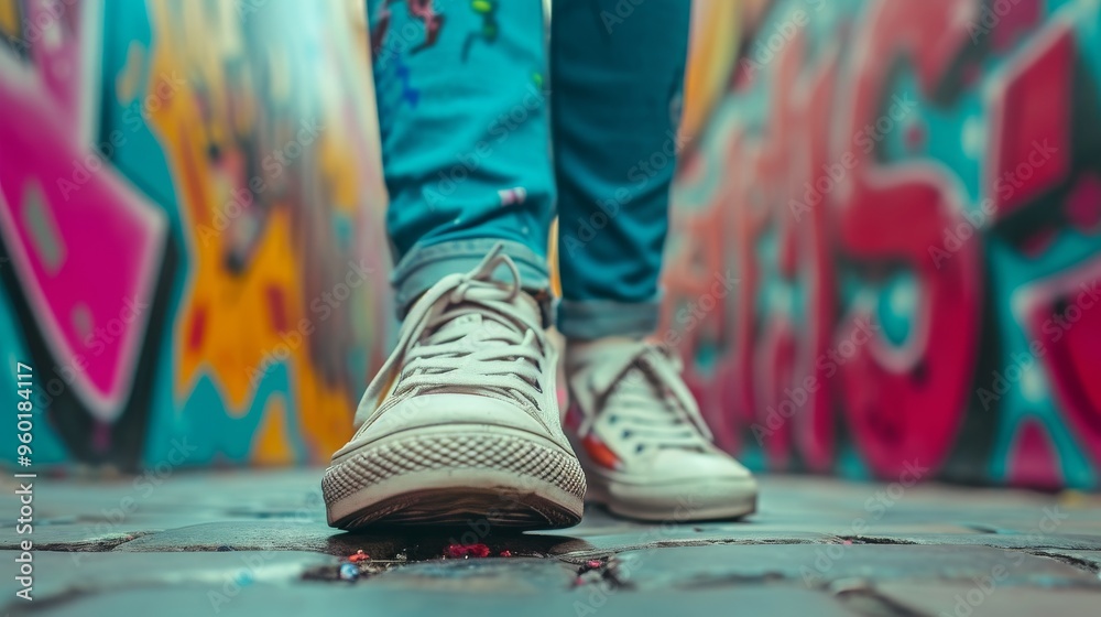 Fototapeta premium A close-up shot of a person wearing white sneakers, stepping confidently on a street adorned with vibrant graffiti. The background is blurred, emphasizing the colorful street art and the casual, urban