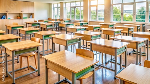 Wallpaper Mural Classroom interior with wooden desk and chairs arranged neatly Torontodigital.ca