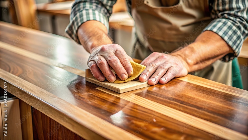 A close-up shot of a person hand-polishing a piece of wood to a smooth shine A close-up shot of a person hand-polishing a piece of wood to a smooth shine