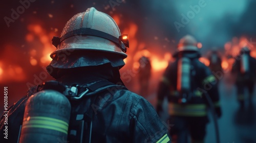 Several firefighters in full gear approach a large, intense fire during nighttime, with flames illuminating the surroundings and smoke in the air.