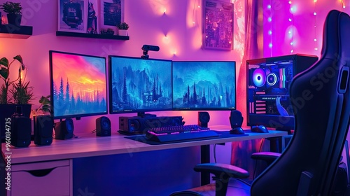 A vibrant gaming setup featuring multiple monitors, colorful lighting, and a comfortable chair.