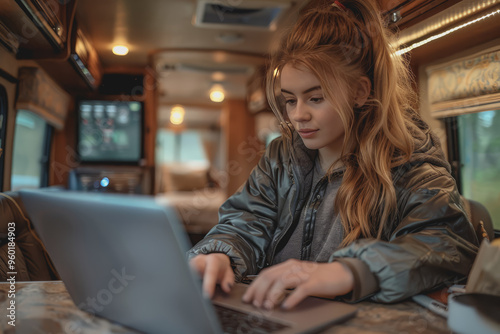 A confident 30-something woman with hair in a ponytail working on a laptop at a table in an RV.