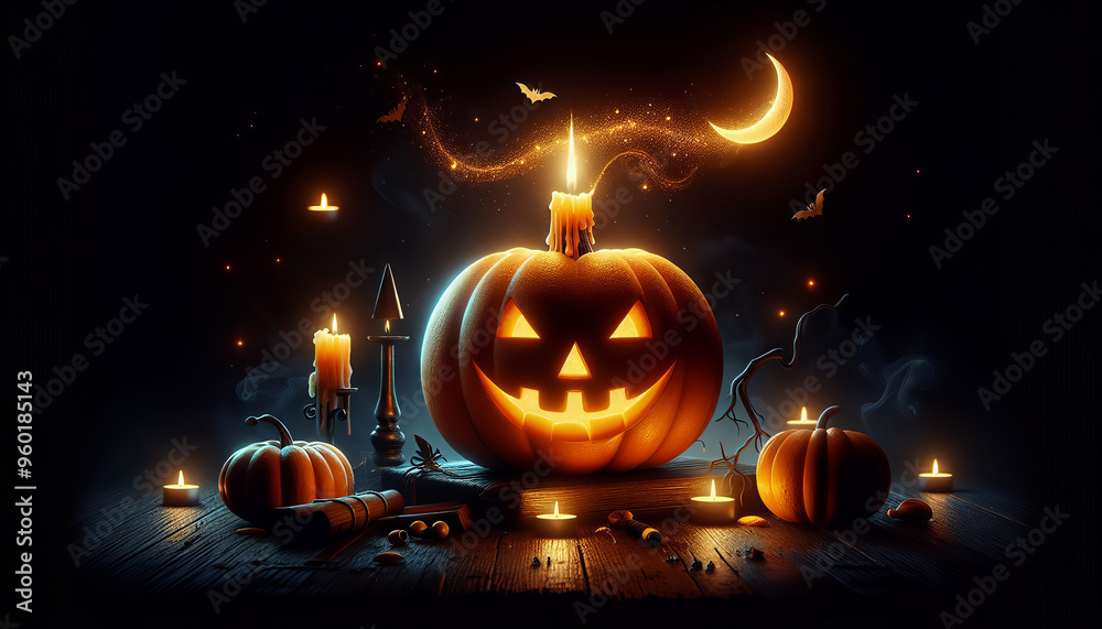 Fototapeta premium Carved glowing pumpkin with candles on dark background with bats and crescent moon for Halloween.