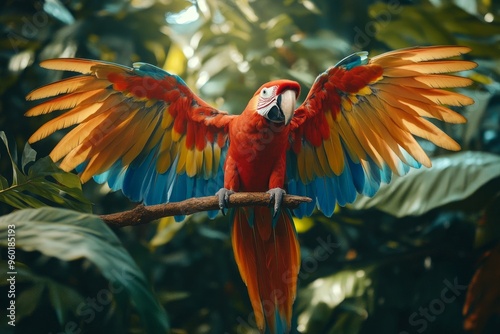 Colorful parrot perched on a branch, spreading its wings against a backdrop of lush tropical foliage, vibrant and eye-catching photo