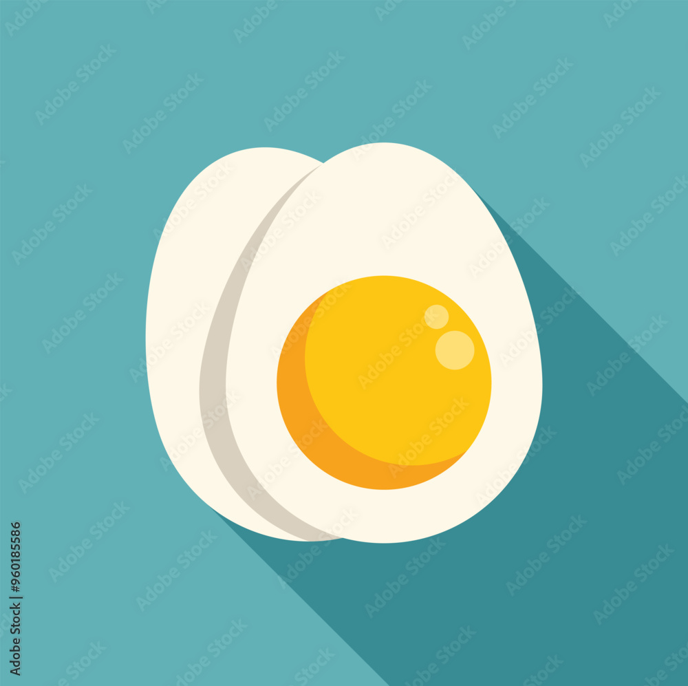 Minimalist flat lay image of a sliced hard boiled egg showing the yolk, isolated on a blue background with a long shadow Minimalist flat lay image of a sliced hard boiled egg showing the yolk, isolated on a blue background with a long shadow