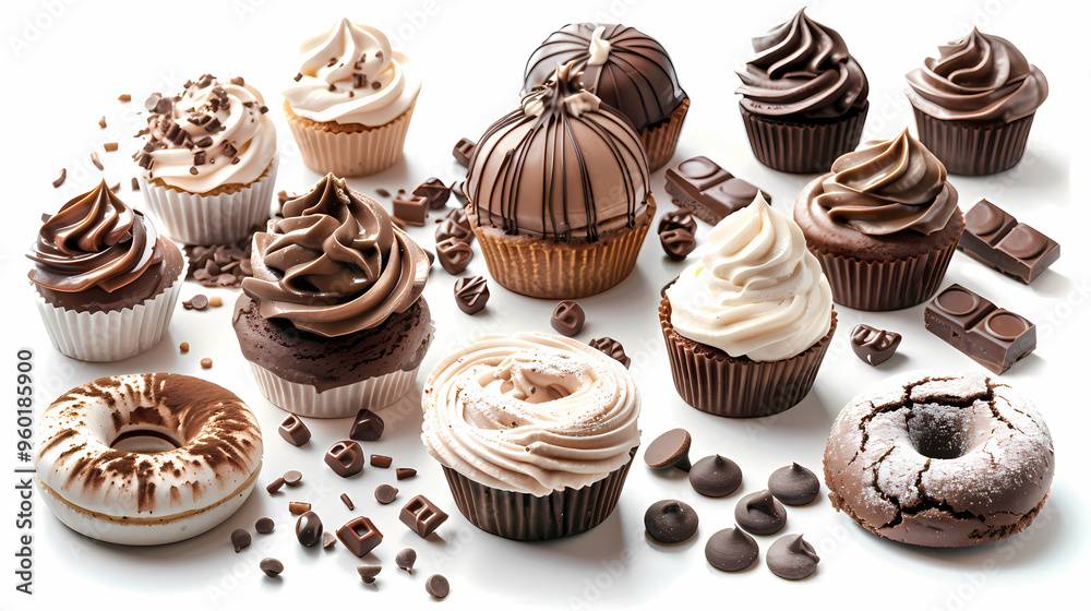 Various of sweets and desserts set and collection. chocolate cake, cupcakes, red velvet cake, apple pie, macarons, pretzel, donut, pastries, muffin, cookies, croissant. Bakery sweets isolated on white Various of sweets and desserts set and collection. chocolate cake, cupcakes, red velvet cake, apple pie, macarons, pretzel, donut, pastries, muffin, cookies, croissant. Bakery sweets isolated on white