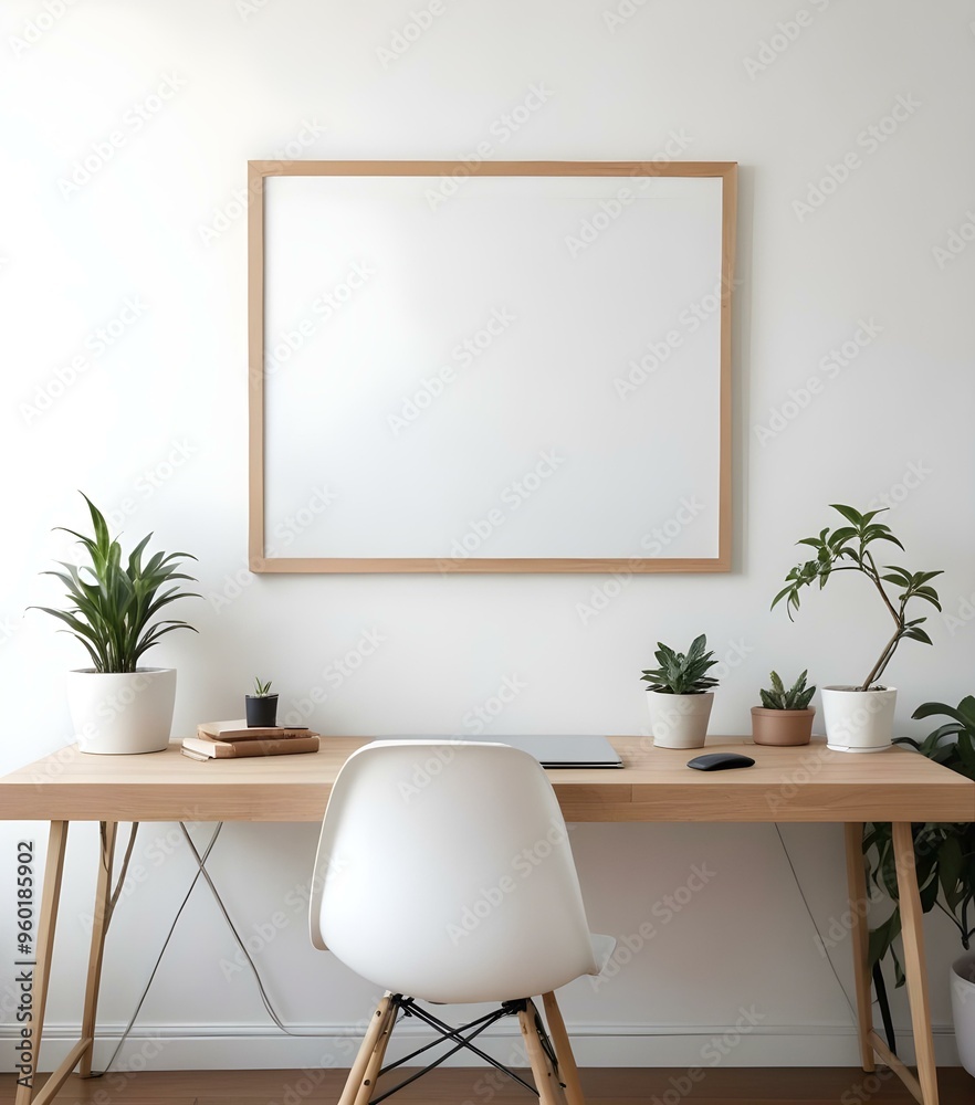 A minimalist home office with a wooden desk, a white chair, and a potted plant. The room has a white wall with a wooden frame. A minimalist home office with a wooden desk, a white chair, and a potted plant. The room has a white wall with a wooden frame.