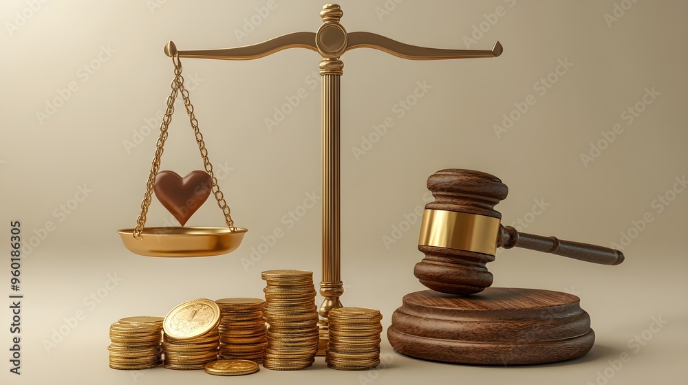 A 3D artistic interpretation of a scale, one side with gold coins and a heart, the other with a gavel, delicately balanced, solid background A 3D artistic interpretation of a scale, one side with gold coins and a heart, the other with a gavel, delicately balanced, solid background