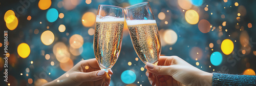 A festive celebration marked by a champagne toast. The golden bubbles and warm bokeh lights reflect the joy and excitement of the moment.