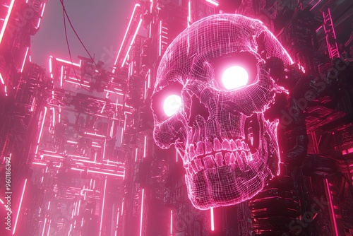 Neon skull with futuristic sci fi background
