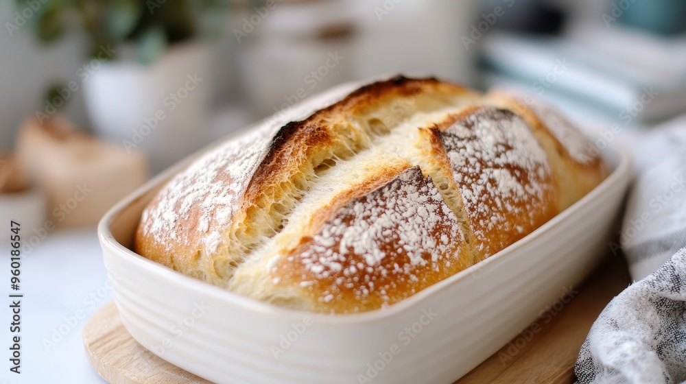 The image depicts a beautifully baked artisan bread loaf with a golden crust and dusted with flour, placed in a ceramic baking dish, exuding freshness and a homemade feel. The image depicts a beautifully baked artisan bread loaf with a golden crust and dusted with flour, placed in a ceramic baking dish, exuding freshness and a homemade feel.