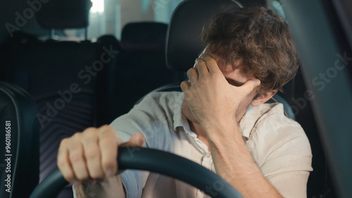 Frustrated stressed worried irritated angry Caucasian driver worry about traffic jam lateness business failure relationship breakup auto broken lost man problem sit in car automobile driving trouble