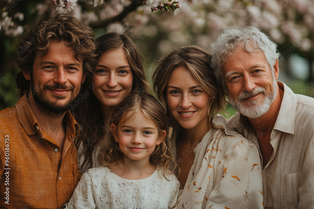 Outdoor Multi-Generational Family Portrait in Park with Smiling Members from Toddlers to Great-Grandparents Amidst a Blossoming Garden