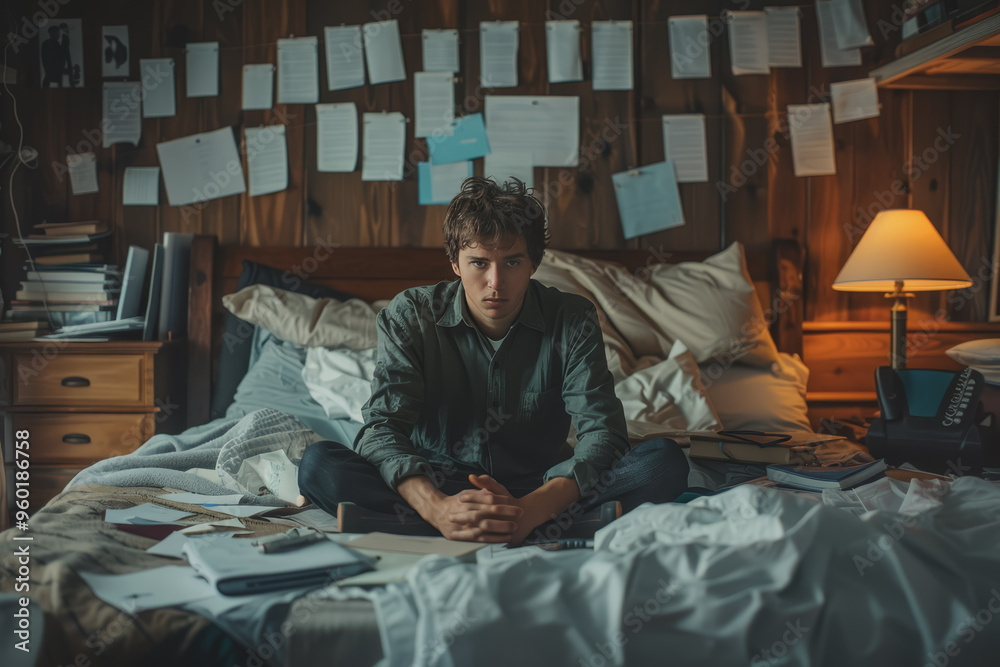 Fototapeta premium Photo of a stressed-out man sitting on his bed with scattered papers all over the room.