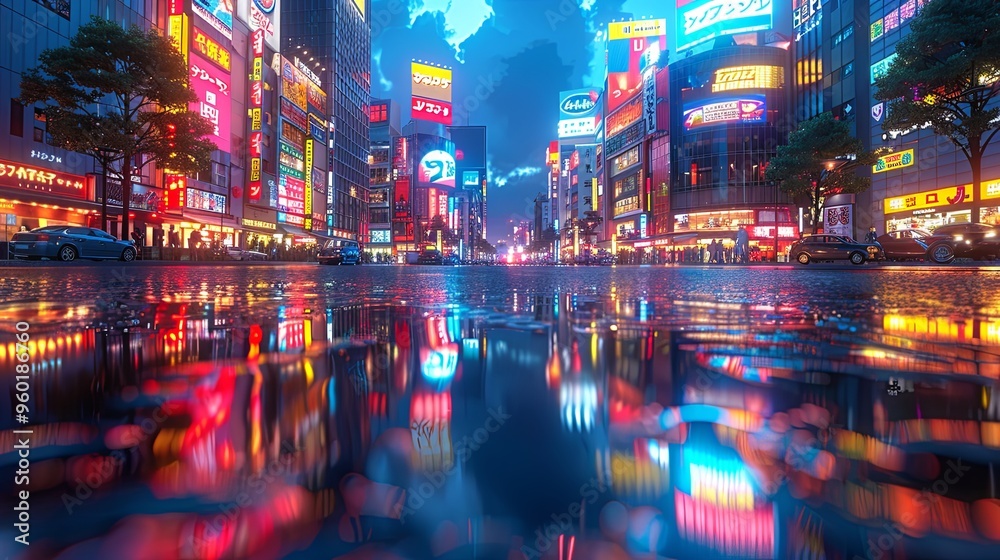 3D Rendering of billboards and advertisement signs at modern buildings in capital city with light reflection from puddles on street. Concept for night life, never sleep business district center 3D Rendering of billboards and advertisement signs at modern buildings in capital city with light reflection from puddles on street. Concept for night life, never sleep business district center
