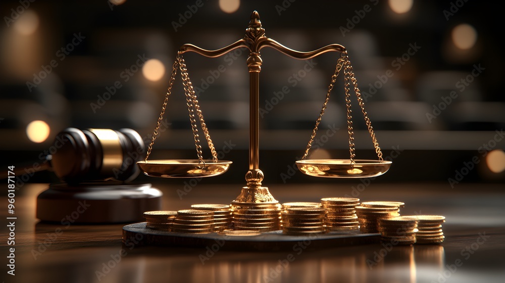 A 3D render of a scale balancing gold coins on one side and a gavel on the other, exploring the tension between material wealth and legal justice A 3D render of a scale balancing gold coins on one side and a gavel on the other, exploring the tension between material wealth and legal justice
