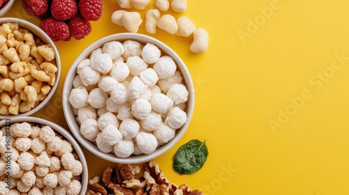 A colorful assortment of nuts, dried fruits, and various snacks neatly arranged in white bowls on a bright yellow background. Represents a healthy and vibrant snack option.