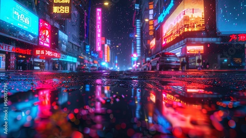 3D Rendering of billboards and advertisement signs at modern buildings in capital city with light reflection from puddles on street. Concept for night life, never sleep business district center