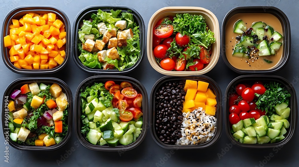 Photo of Healthy Meal Prep Containers with Kale Salad, Cucumber Salad, Quinoa, and Black Beans Photo of Healthy Meal Prep Containers with Kale Salad, Cucumber Salad, Quinoa, and Black Beans
